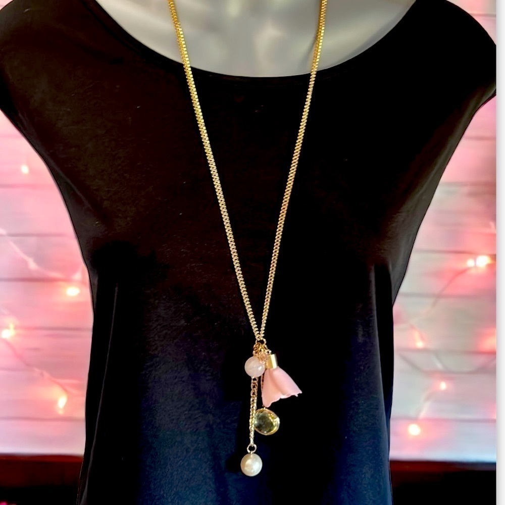 LONG Gold Necklace Pendant with Pink Flower and Charms by INC